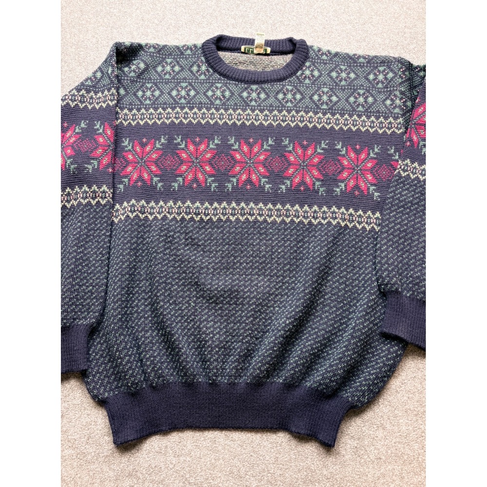 LL Bean Vintage Wool Sweater Mens XL Blue Fair Isle Snowflake Made in Ireland‎